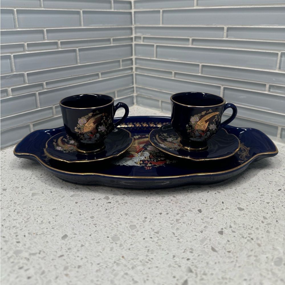 🛎️Clearance Antique Cobalt Blue&Gold Tray With 2 Demitasse Cups and Saucers